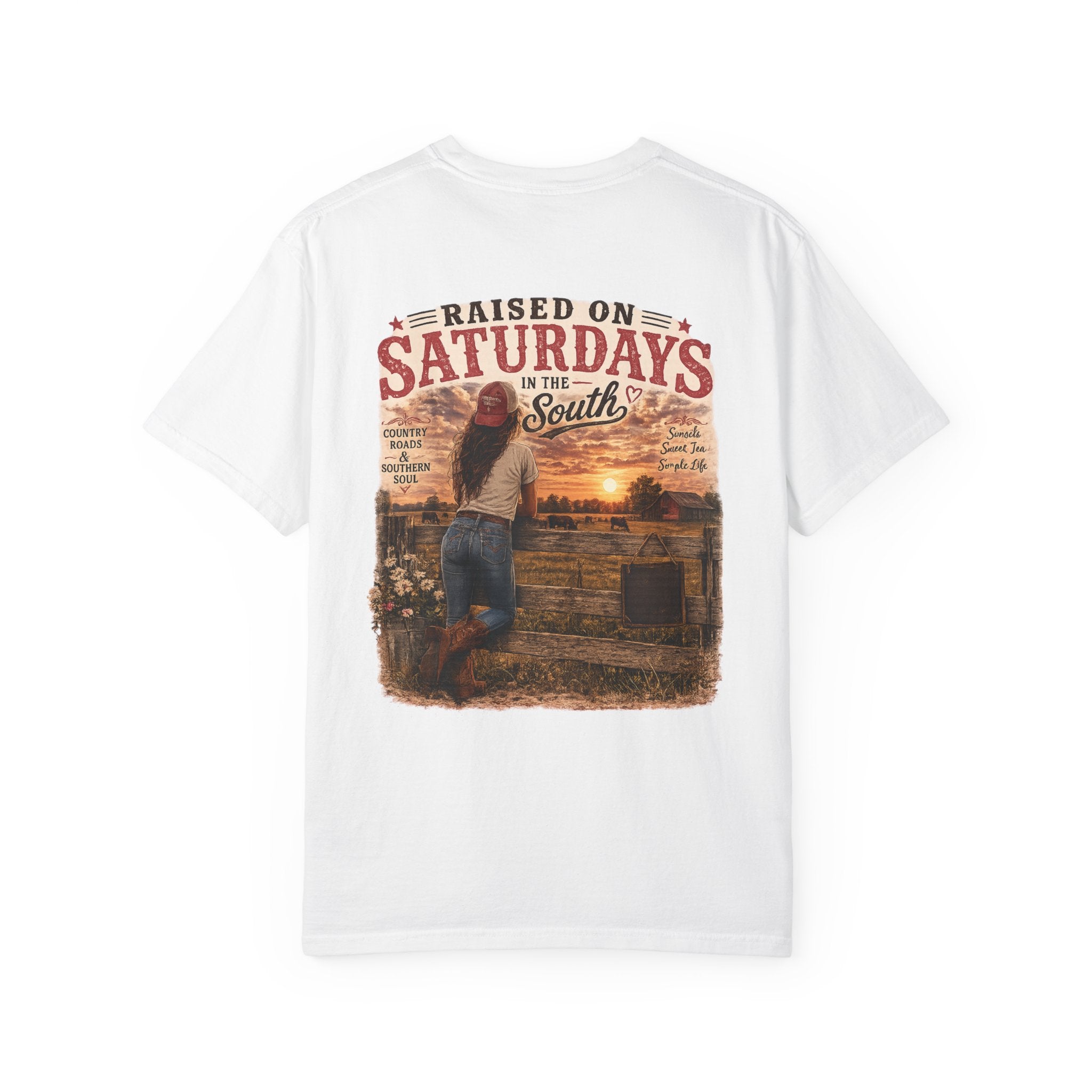 Raised On Saturdays In The South T-Shirt — Country Farm Girl Sunset
