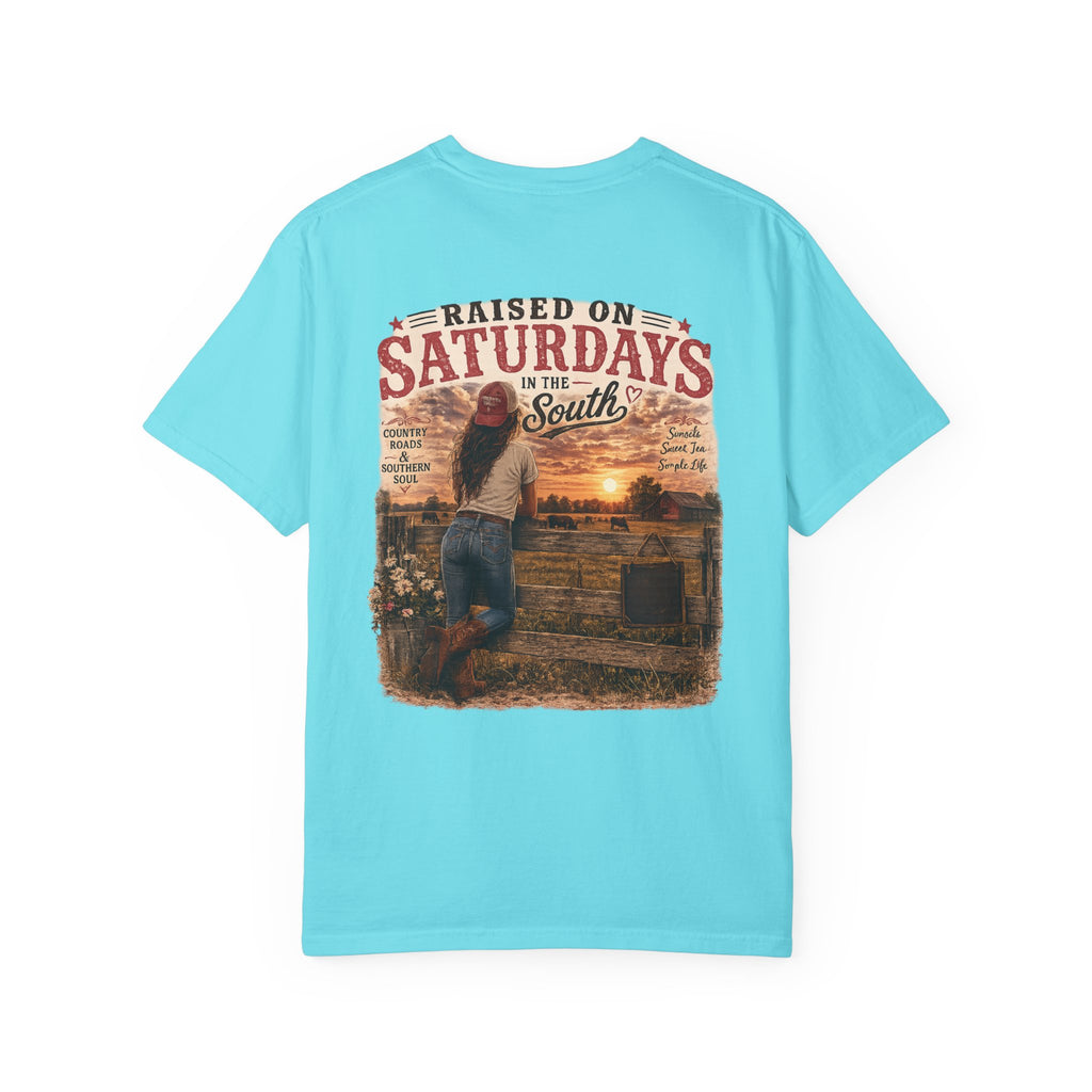 Raised On Saturdays In The South T-Shirt — Country Farm Girl Sunset
