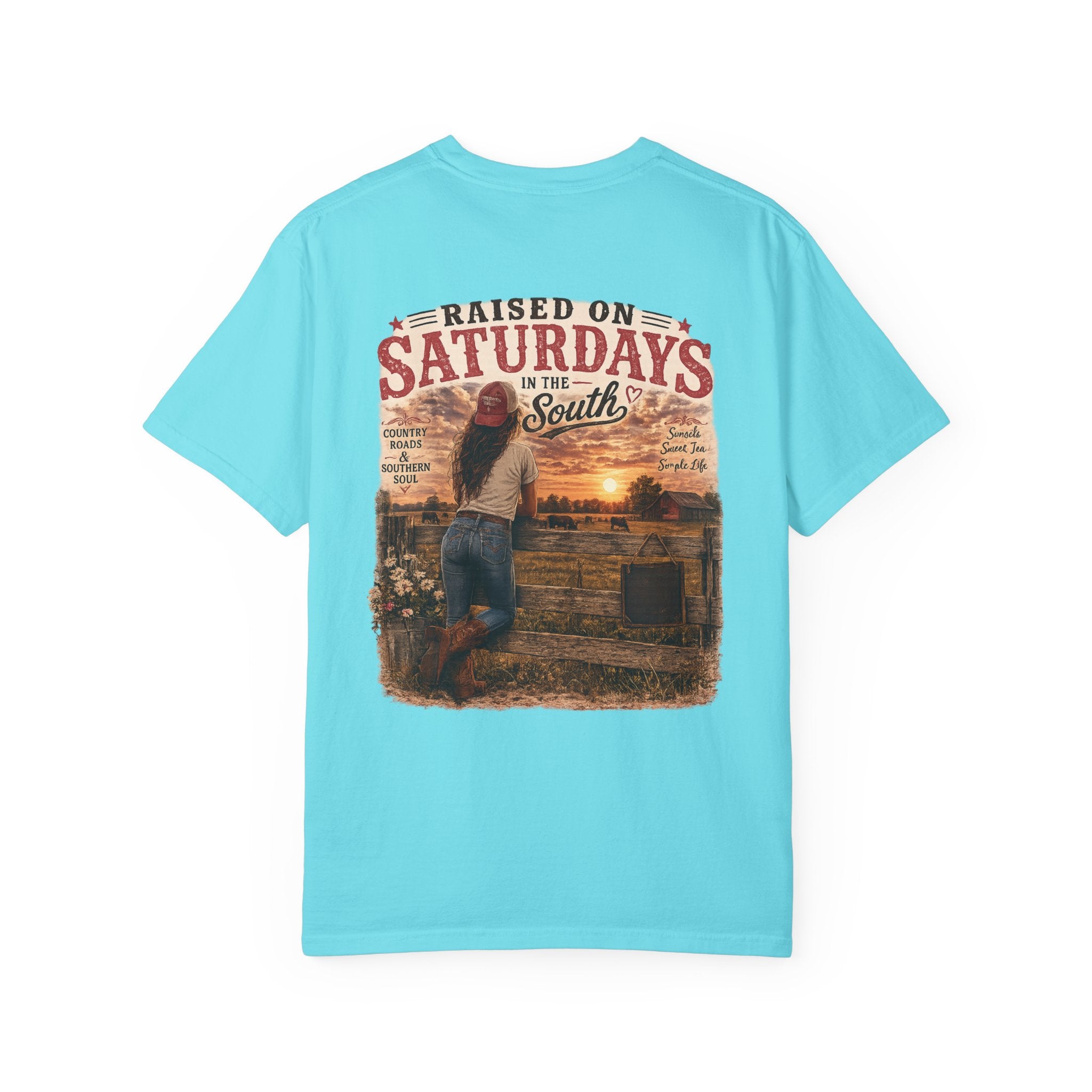 Raised On Saturdays In The South T-Shirt — Country Farm Girl Sunset
