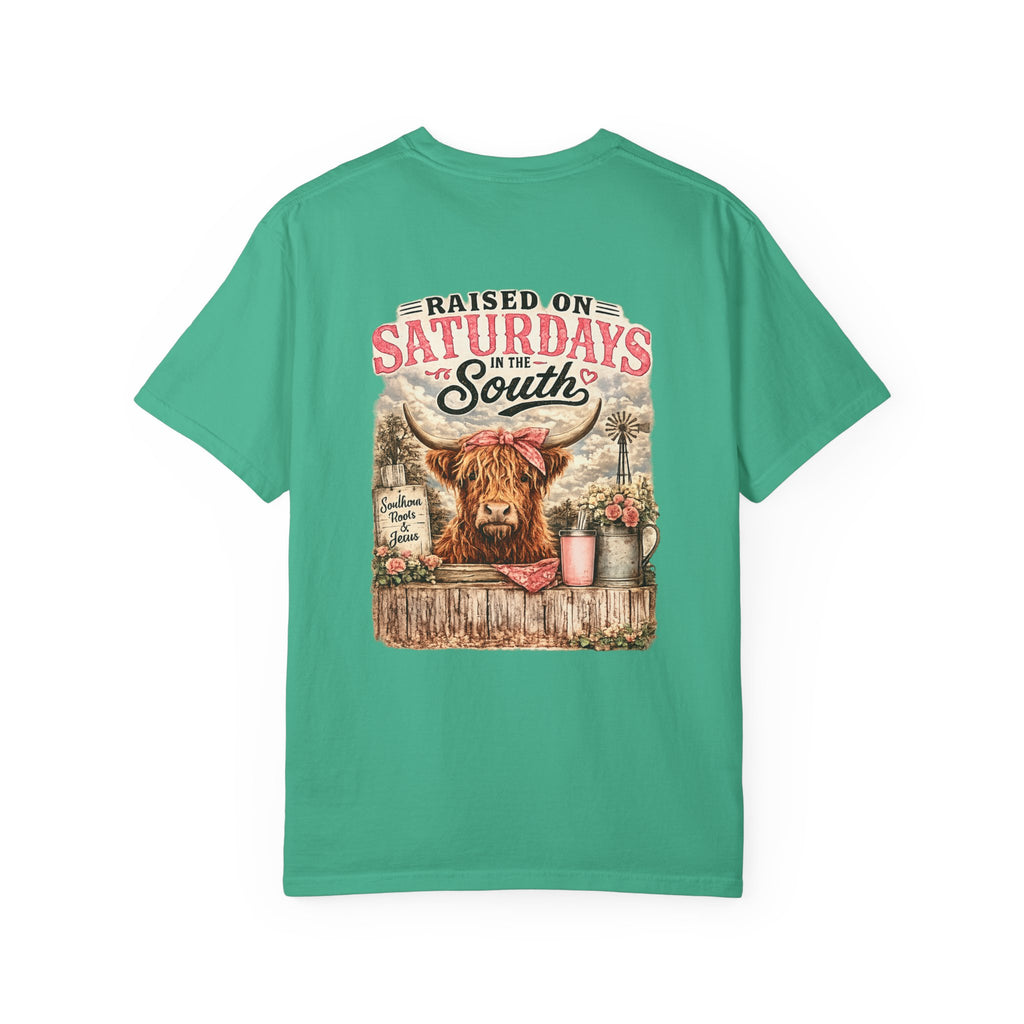 Raised On Saturdays In The South T-Shirt — Rustic Highland Cow