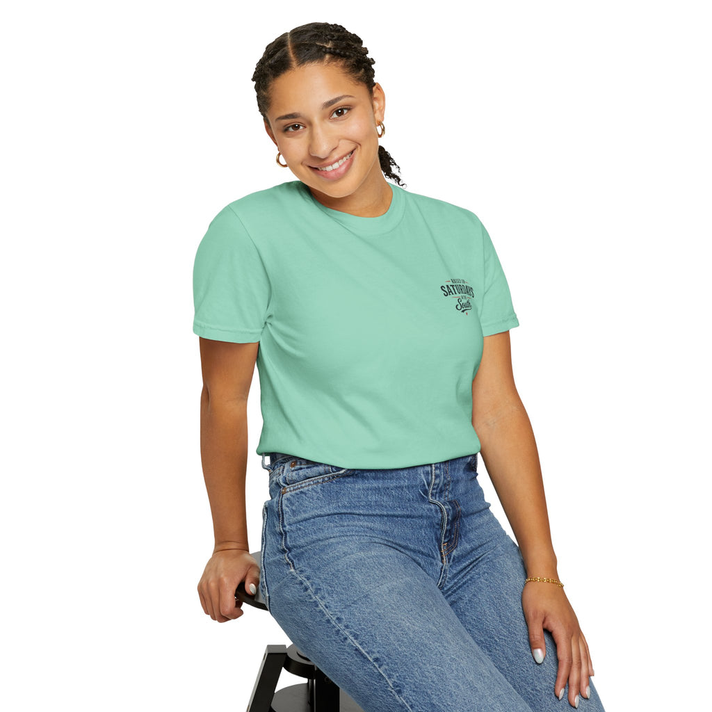 Raised On Saturdays In The South T-Shirt — Country Farm Girl Sunset