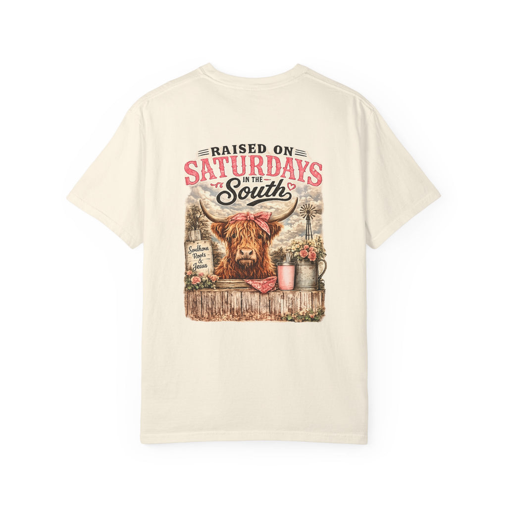 Raised On Saturdays In The South T-Shirt — Rustic Highland Cow