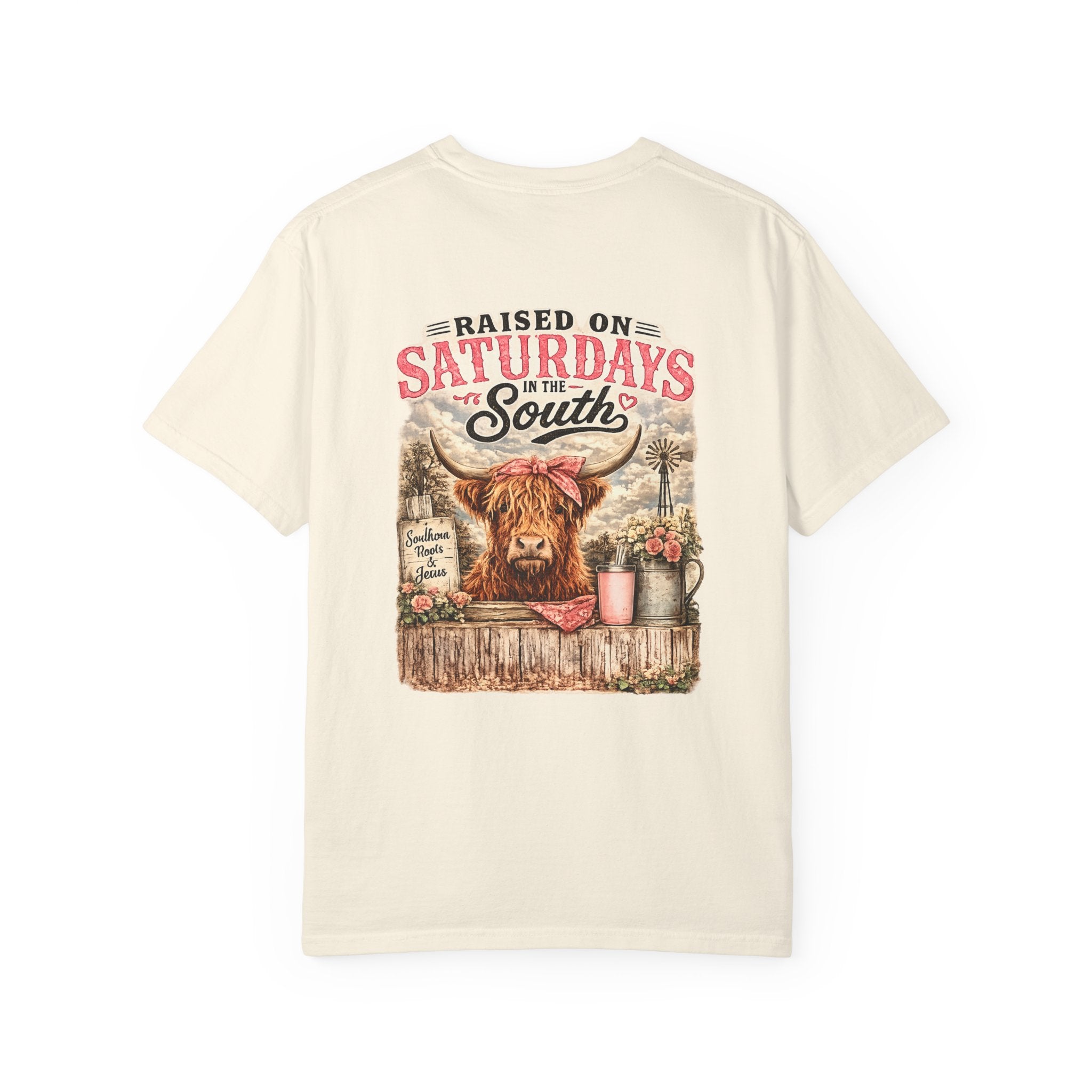 Raised On Saturdays In The South T-Shirt — Rustic Highland Cow