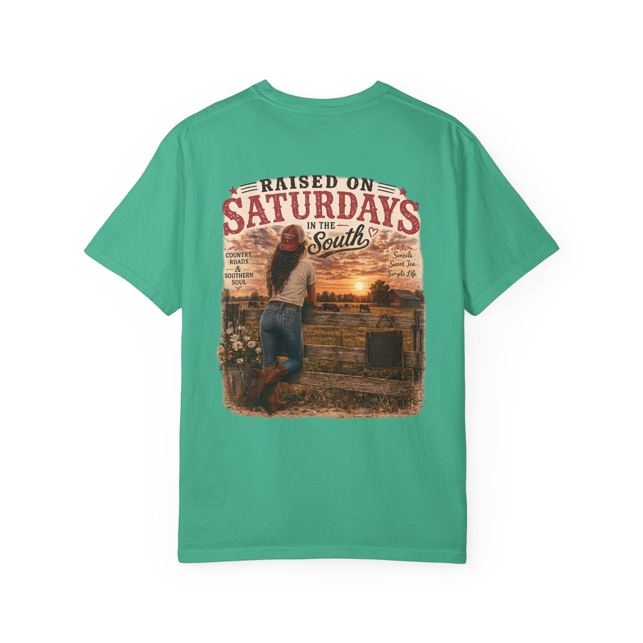 Raised On Saturdays In The South T-Shirt — Country Farm Girl Sunset