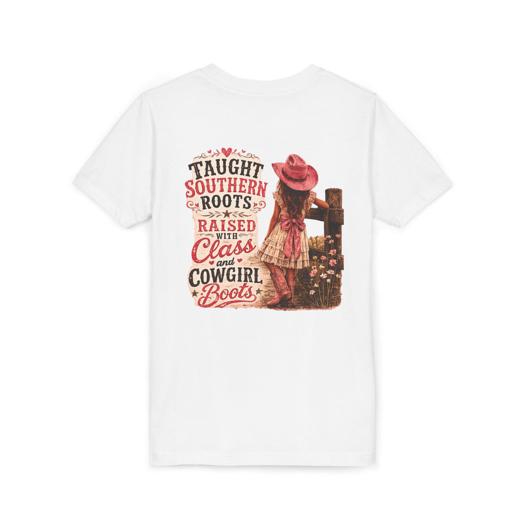 “Taught Southern Roots, Raised with Class and Cowgirl Boots” T-shirt