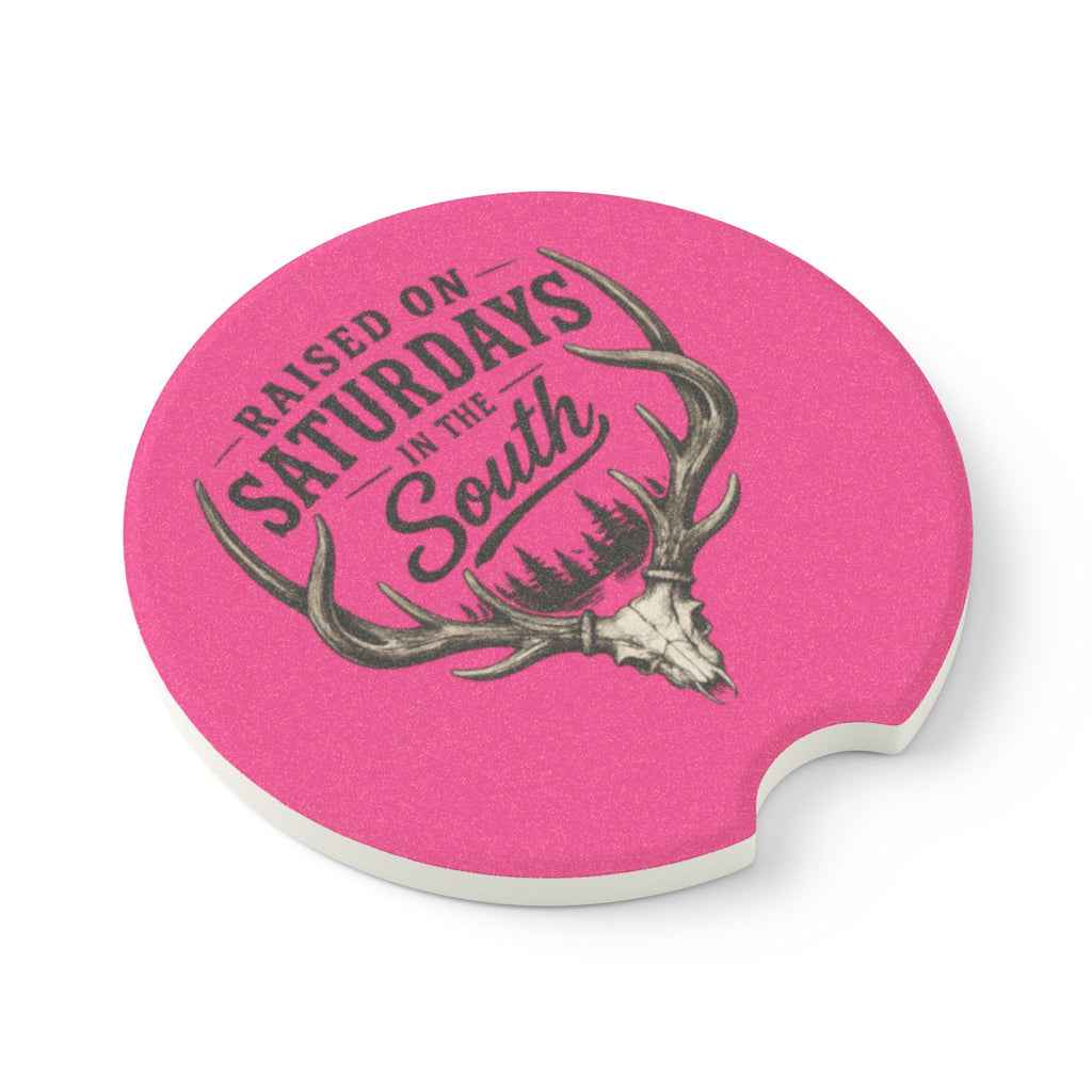 Raised On Saturdays In The South Soapstone Car Coaster — Pink Deer Skull Car Cup Holder Coaster