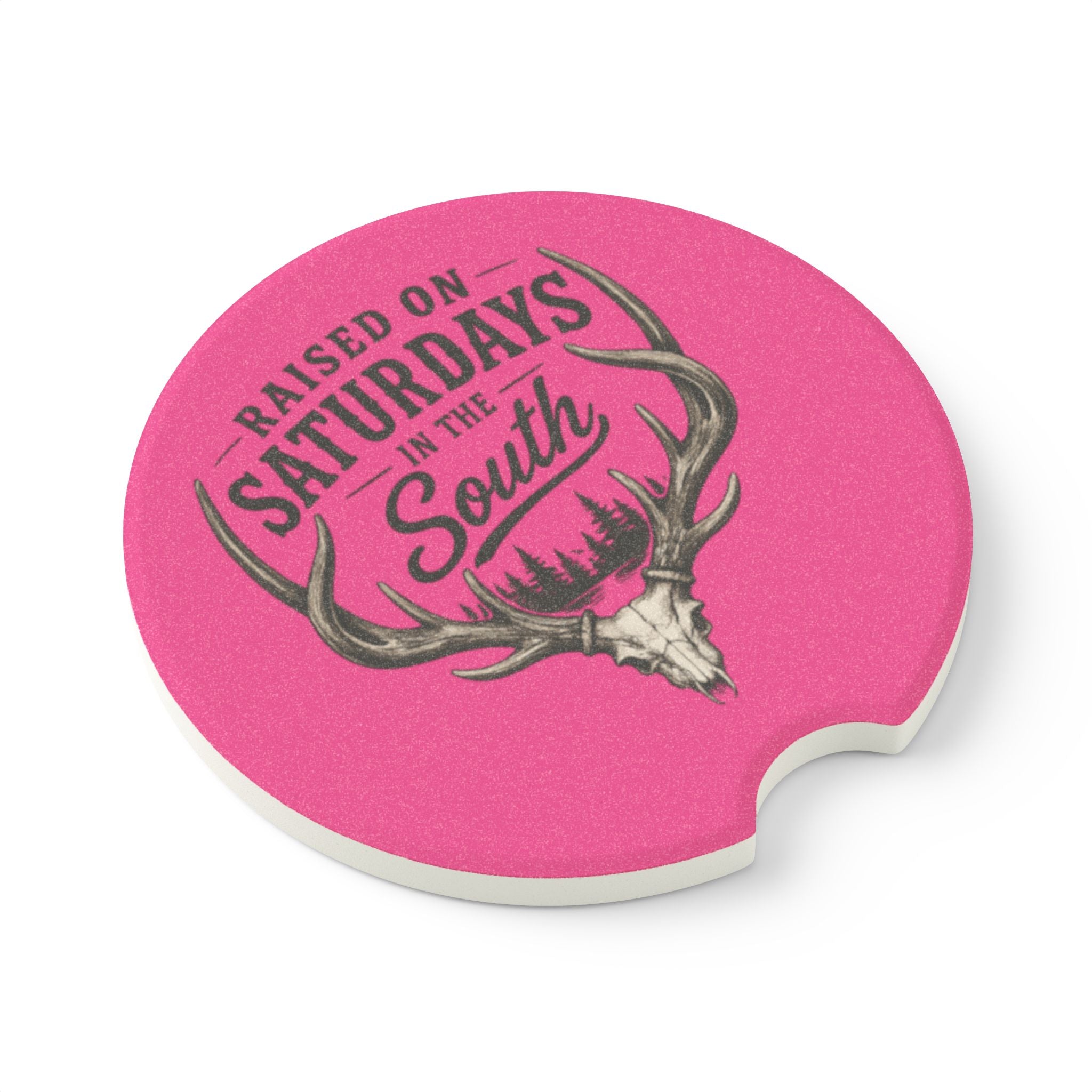 Raised On Saturdays In The South Soapstone Car Coaster — Pink Deer Skull Car Cup Holder Coaster