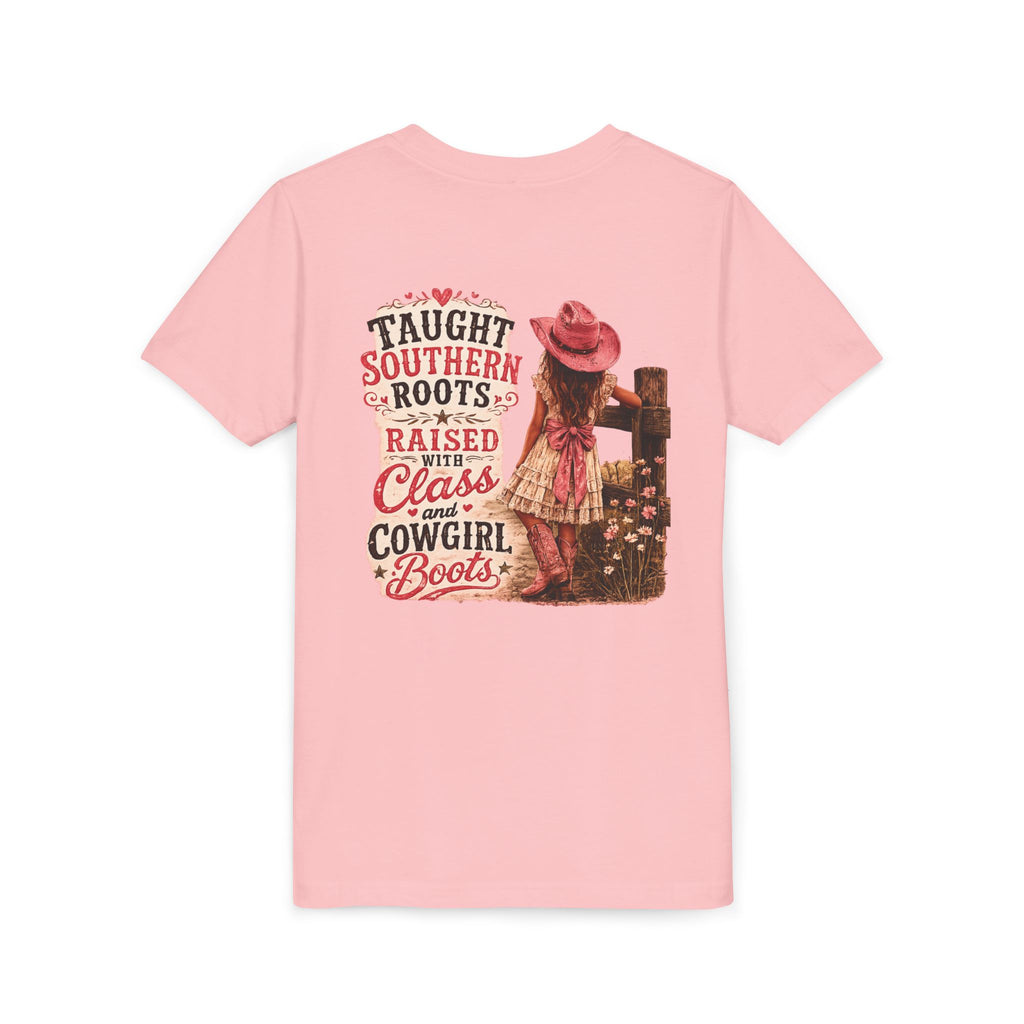 “Taught Southern Roots, Raised with Class and Cowgirl Boots” T-shirt